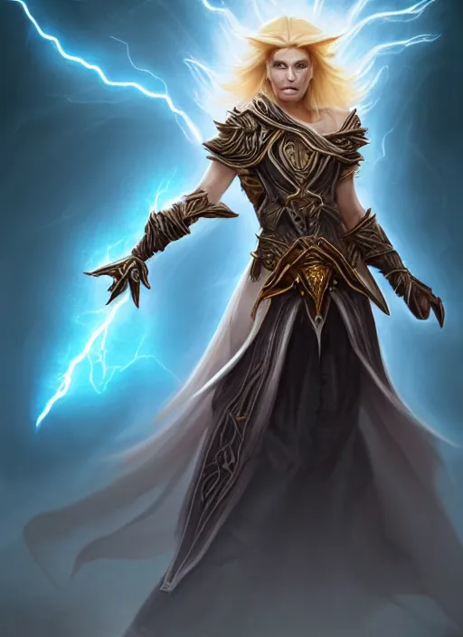 Prompt: portrait of an athletic female sorcerer yelling and casting a lightning spell as a diablo 3 character, looking at camera, her robe is infused with lightning bolts, D&D, lightning master, long blond hair, intricate, elegant, stylish, fantasy, extremely detailed, digital painting, artstation, concept art, smooth, sharp focus, illustration, ambient lighting, art by artgerm and greg rutkowski and alphonse mucha and simon stalenhag