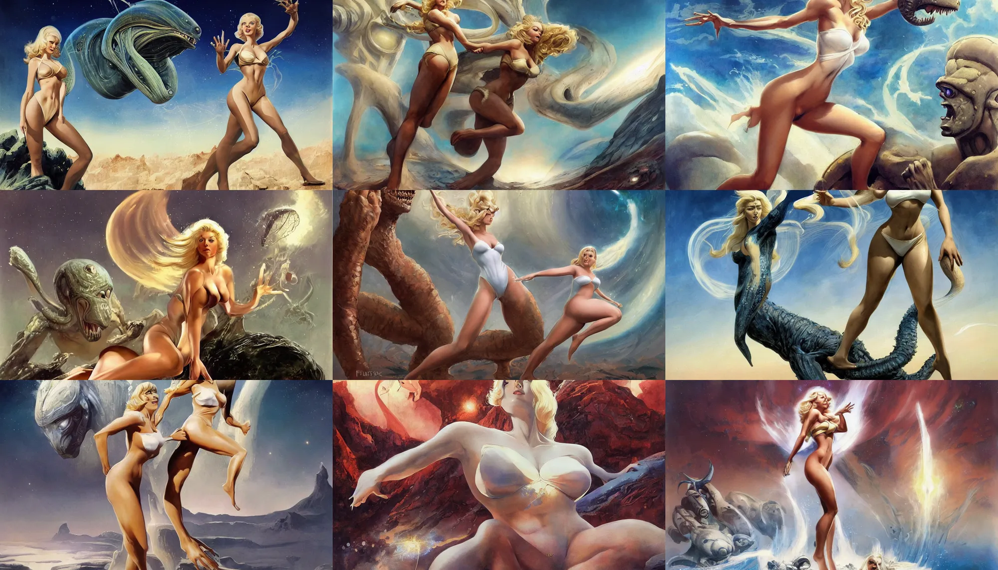 Prompt: a mixed media painting of one very beautiful blonde woman fleeing from a distant colossus creature on an alien world, elegant, aesthetic!!! symmetrical face and eyes, sixties pinup, photorealistic, curvy by frank frazetta, greg rutkowski, boris vallejo, donato giancola, christian macnevin, white bikini