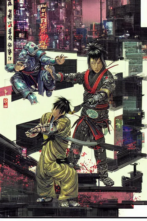 Image similar to Cybernetic Taoist martial-artist robotic shinobi ninja samurai sifu practicing qi-gong, chi-gong, kung-fu upon a city rooftop dojo with bonsai trees decorating the place. Dynamic, delirious, creative panel style by Bill Sienkiewicz. Heavy chromatic abberation. Visual distortion. Sci-Fi cyberpunk Comic page made up of art by the best artists Trending on Artstation. Octane render, Raytracing, 3d masterpiece, fantastic lighting by James Gurney. Noir detective genre.