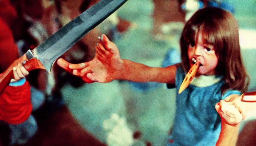 Prompt: 7 0 s film still from a horror movie about children playing with knives and guns, kodachrome, cinecolor, cinestill, film grain, film texture, retro, cinematic, high resolution, photorealism,