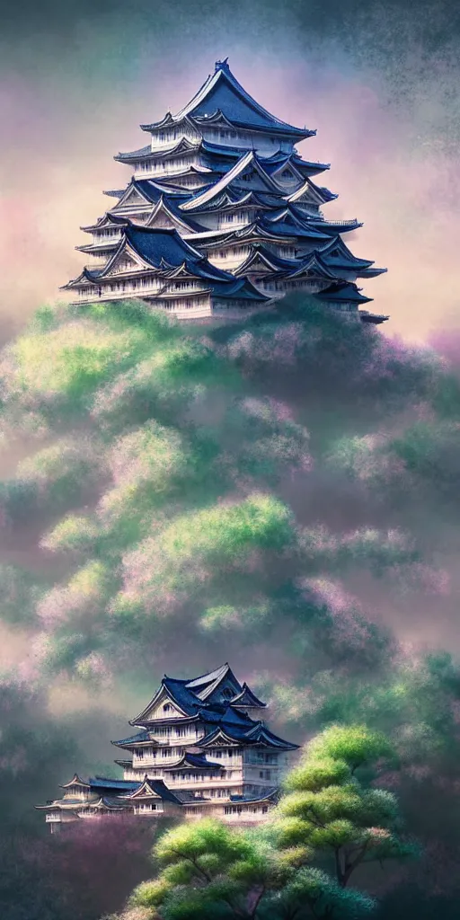 Prompt: himeji castle in a psychedelic realm hidden away in a pocket of ethereal understanding, japanese castle, in the style of greg rutkowski, and wlop, and lisa frank, and bob ross, and ruan jia, illustration, epic, fantasy, hyper detailed, smooth, unreal engine, sharp focus, ray tracing