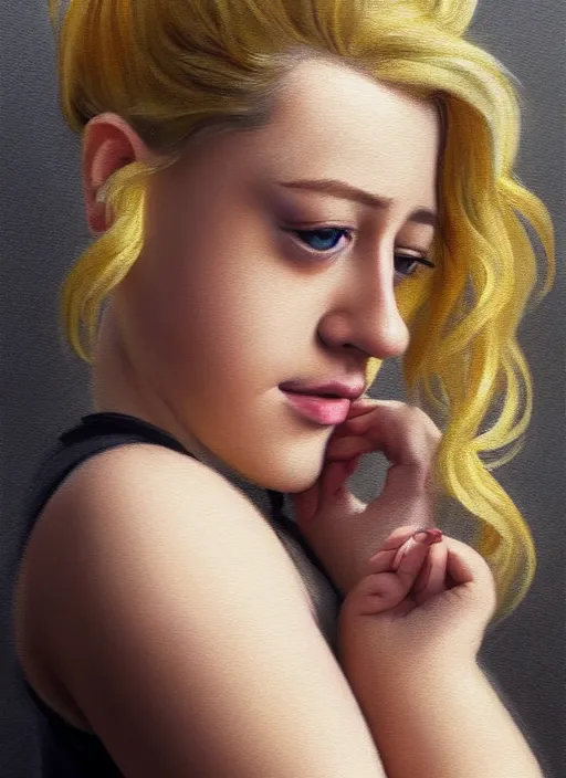 Image similar to full body portrait, teenage lili reinhart, blonde hair, obese, bangs, ponytail, sultry, realistic, sultry smirk, fluffy bangs, curly bangs, fat, belly, intricate, elegant, highly detailed, digital painting, artstation, concept art, smooth, sharp focus, illustration, art by wlop, mars ravelo and greg rutkowski