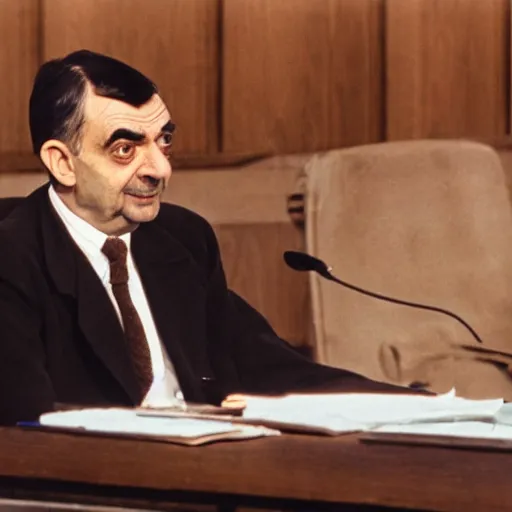 Prompt: mr bean sitting at the nuremberg trials being charged for war crimes