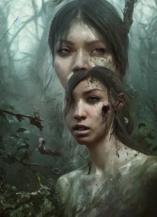 Image similar to A portrait of zombiefid women covered in nature by Greg Rutkowski, Sung Choi, Mitchell Mohrhauser, Maciej Kuciara, Johnson Ting, Maxim Verehin, Peter Konig, final fantasy, 8k photorealistic, cinematic lighting, HD, high details, dramatic, atmospheric , trending on artstation