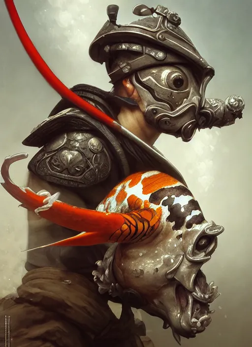 Prompt: subsurface scattering, white, koi, samurai with beautiful helmet, by jesper ejsing, justin gerard, tomasz alen kopera, cgsociety and fenghua zhong, highly detailed, rim light, cinematic lighting, illustration, art, octane render, very coherent, cinematic, hyper realism, high detail, octane render, 8 k