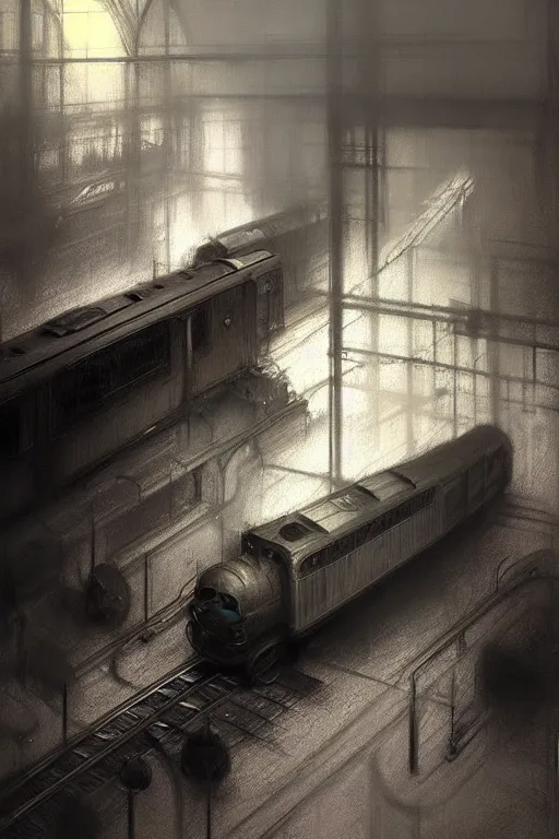 Image similar to hyperrealist pencil sketch of a train by jeremy mann and alphonse mucha, fantasy art, drawing, dynamic lighting, artstation, poster, volumetric lighting, very detailed faces, 4 k, award winning