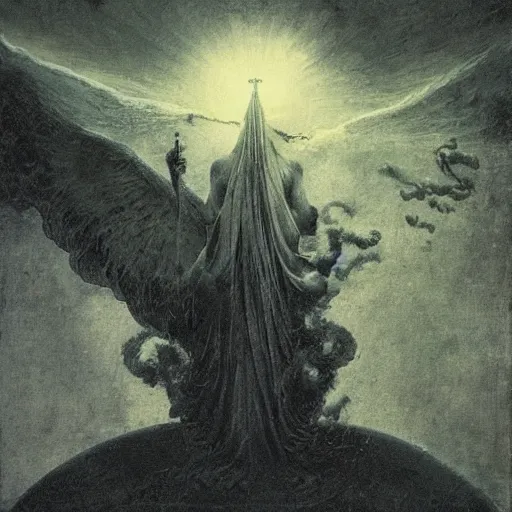 Image similar to ”the storm of god, releasing angels and bloodshed from above”, by h.r Giger, beksinski, and Caravaggio