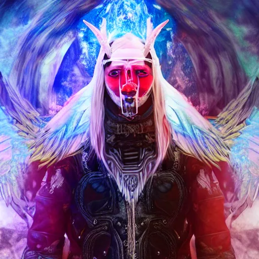 Image similar to psychedelic fantasy character art hyperrealism, white armor, black armor, caucasian, native american, european, asian, australian, brown hair with red and blue highlights, in a cinematic wallpaper, glitch effects, dissolve effects, noise, halo / nimbus, devils horns, angel wings, raven wings, hdr 8 k dop dof