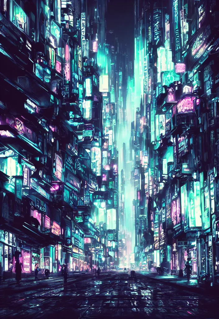 Prompt: concept art of a magnificent dark neon futuristic cyberpunk city bustling street at night cyberart in the style of liam wong, dramatic and moody, masterpiece, matte finish, 8 k, high resolution, film grain