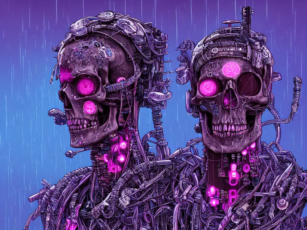 Image similar to high detailed lone dead android skull samurai with plants growing around the neck in a cyberpunk rainy city at night by Josan Gonzalez, purple and pink and blue neons, unreal engine, high quality, 4K, UHD, trending on ArtStation, wires, blade runner vibes, ghost in the shell, akira, dorohedoro