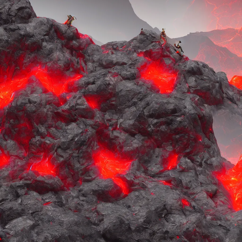 Image similar to satanic mountain goats with glowing red eyes on a sheer obsidian cliffside with lavaflow, lava waterfalls, photorealistic landscape render, octane render, vray, beautiful, ambient occlusion, particle effects, light bloom, rtx