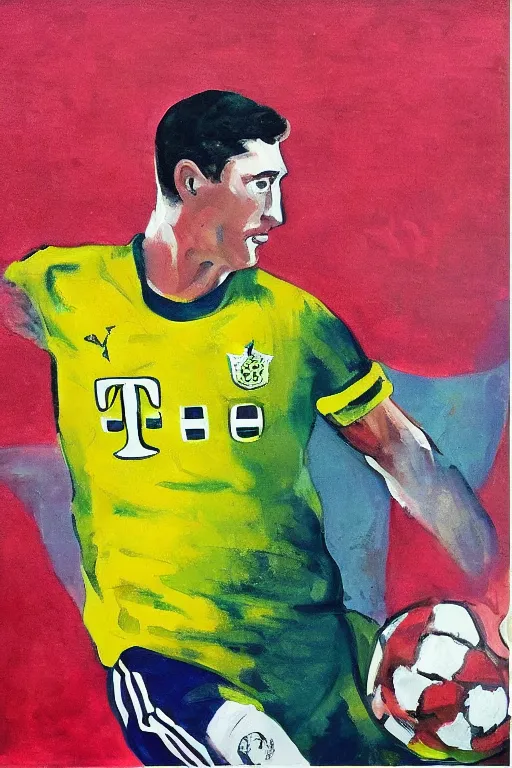 Prompt: robert lewandowski on skies by picasso