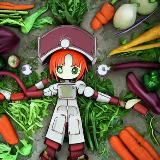 Image similar to robot made of vegetables, tomato head and a carrot sword, made in abyss style