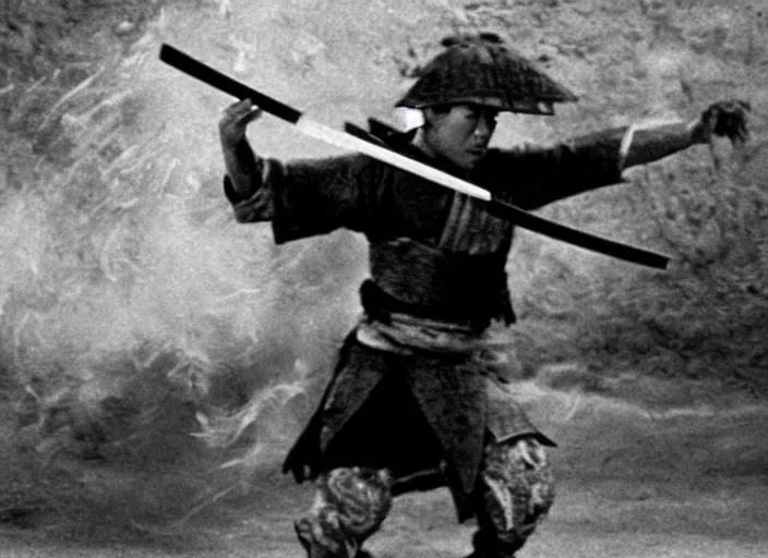 Image similar to a movie still of a samurai slicing through a loaf of bread, a movie by Akira Kurosawa