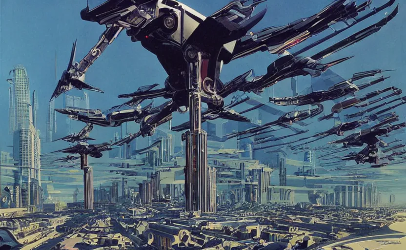 Image similar to cybernetic city overrun by gigantic robot birds, art by syd mead, extremely detailed, high quality,