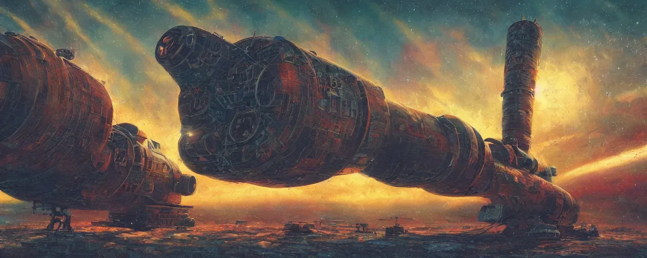 Image similar to ” ancient soviet spy satellite, [ art by paul lehr, cinematic, detailed, epic, widescreen, opening, establishing, mattepainting, photorealistic, realistic textures, octane render ] ”