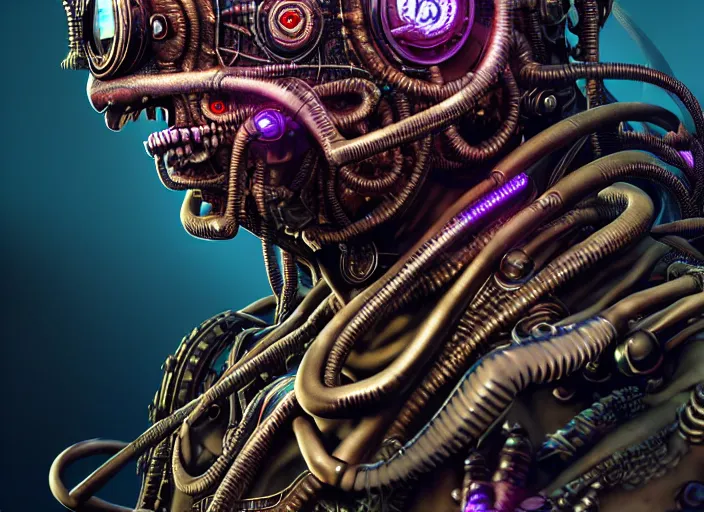 Image similar to an intricately detailed ultra - realistic unreal engine 5 rendering of a portrait of steampunk cyberpunk neon - bordered cyborg zombie creature from the black lagoon, concept art, intricate details, eerie, highly detailed, photorealistic, octane render, 8 k uhd art by kilian eng