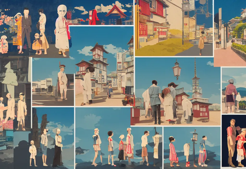 Image similar to a row of several european sightseeing tourists standing with a variety of poses and props, rural japan, character designs, a collage painting, in the style of wes anderson, lola dupre, david hockney, isolated on negative white space background dark monochrome neon spraypaint accents volumetric octane render