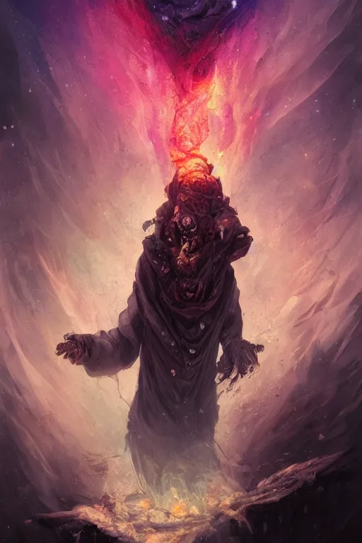 Image similar to the look of an elderly person, necromancer, witch - doctor covered with ice exploding into fire, full of wrinkles and imperfections, highly detailed, high contrast, light reflection, trippy, nebula, trending on artstation by artgem and greg rutkowski, by peter mohrbacher, wlop, ruan jia