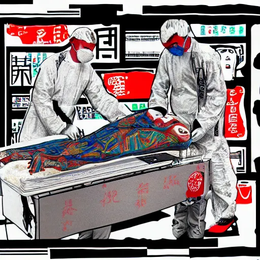 Image similar to chinese surgeons operating on a body on an operating table, in the style of daniel johnston and outsider art, 8k, line brush, minimal, overlaid with chinese adverts, collage