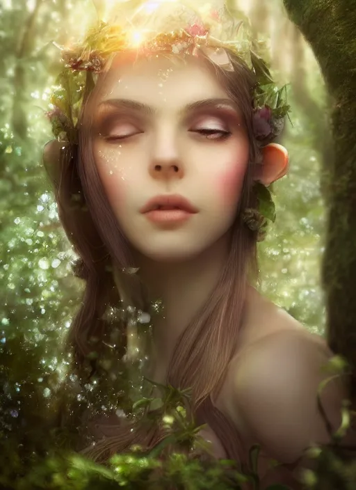 Image similar to beatiful ethereal elf princess in an enchanted forest, 3/4 side view, hair jewellery, fully clothed, light mist, light rays sieving through the trees, shallow depth of field, focus on the face, coherent composition, no watermark, by Yuumei, by Artgerm, by WLOP