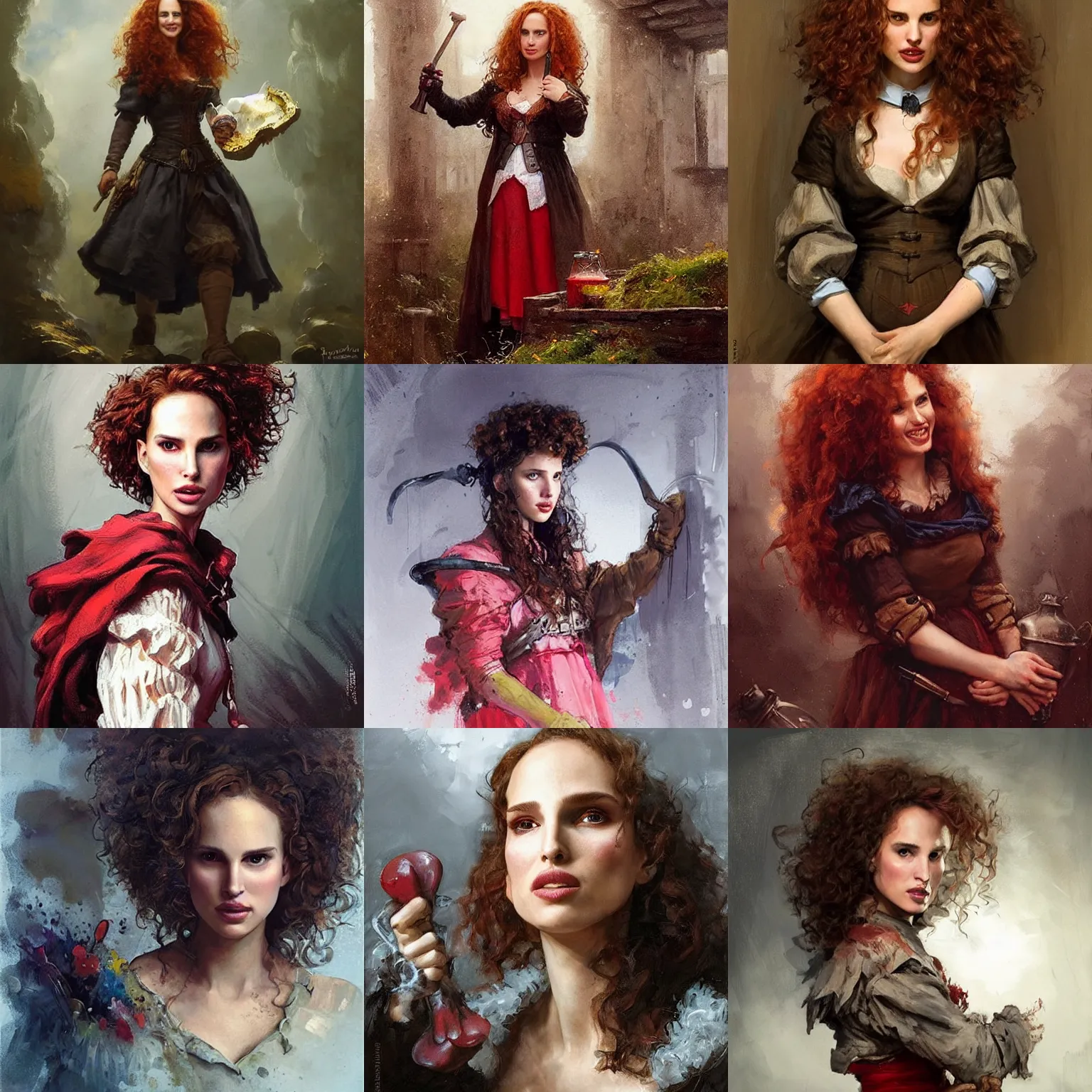 Prompt: curly haired, jan matejko, colorful, redhead natalie portman as a ( ( ( cheerful ) ) ), young, and j. dickenson, fantasy concept art by jakub rozalski, freckled, law contrasts, ( low key light ), clumsy medieval alchemist in a alchemy lab!!. dark shadows