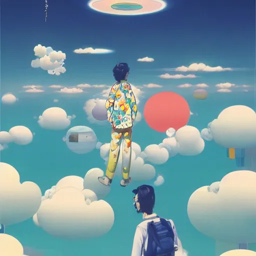 Image similar to a man walking on clouds away from the camera above kyoto by takashi murakami, beeple and james jean, aya takano color style, 4 k, super detailed, modern, 4 k, symmetrical