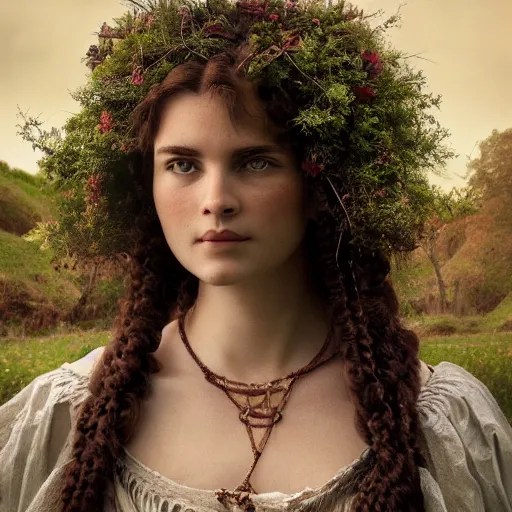 Prompt: photo portrait of a beautiful pagan female, depth of field, zeiss lens, detailed, symmetrical, centered, by edward robert hughes, connor hibbs, annie leibovitz and steve mccurry, david lazar, jimmy nelsson, breathtaking, 8 k resolution, extremely detailed, beautiful, establishing shot, artistic, hyperrealistic, beautiful face, octane render