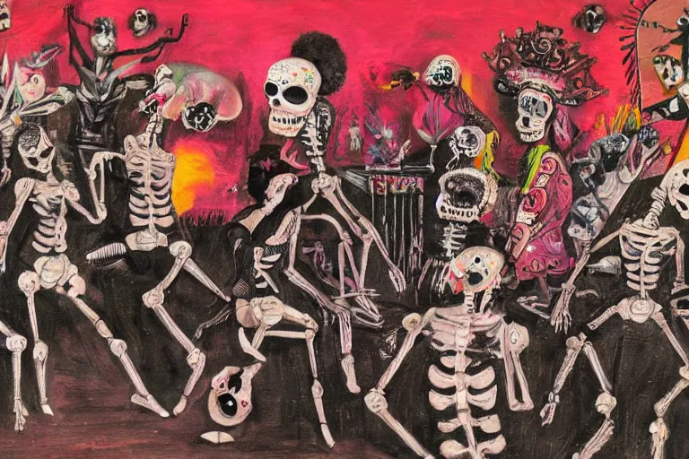 Image similar to scene from ballet, day of the dead, cyber skeletons, queen in black silk in the center, neon painting by otto dix