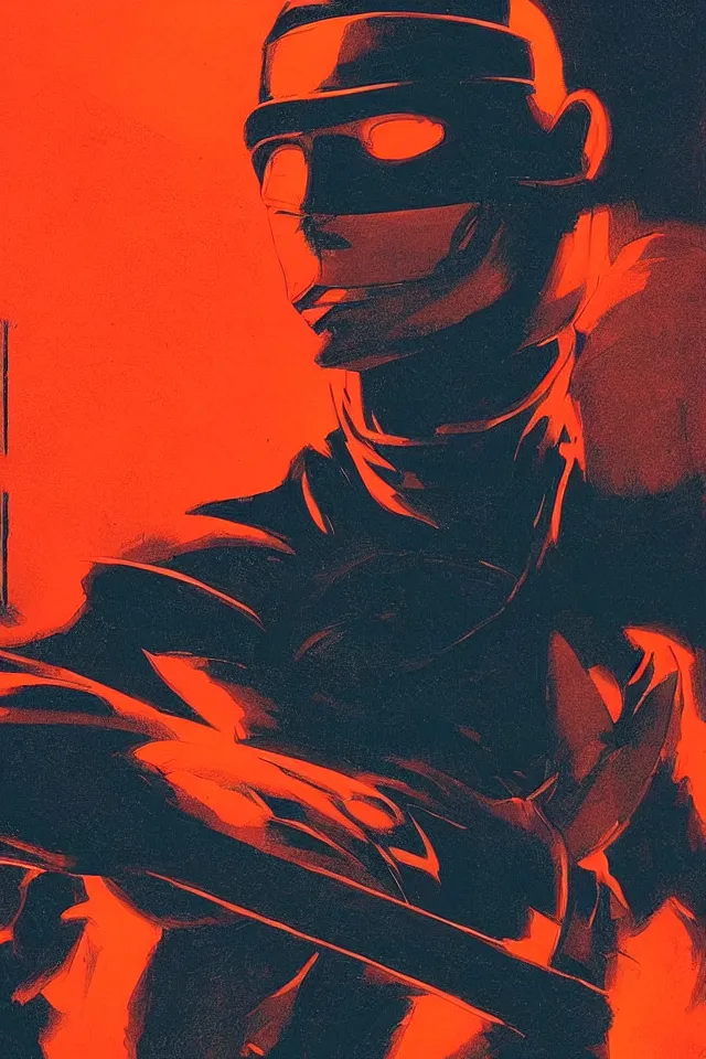 Image similar to character design, portrait, ninja, by syd mead, roger deakins, atmospheric neon rain at night, symmetry