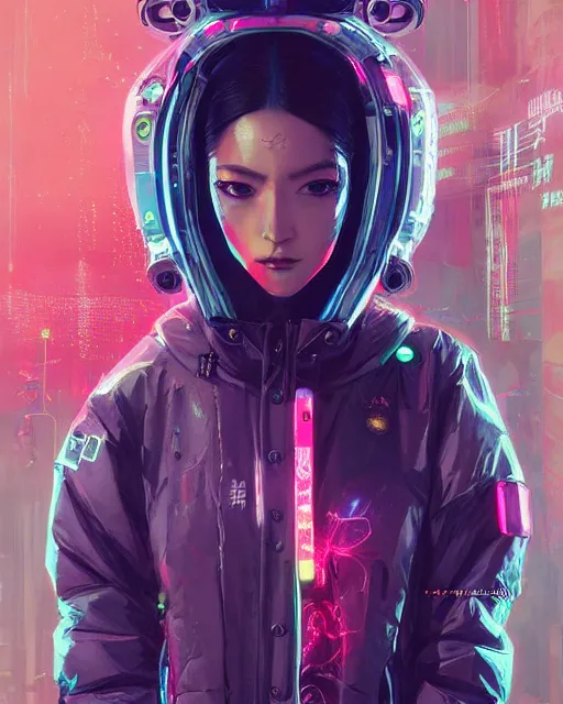 Image similar to detailed portrait Neon Operator Girl, cyberpunk futuristic neon, reflective puffy coat, decorated with traditional Japanese ornaments by Ismail inceoglu dragan bibin hans thoma greg rutkowski Alexandros Pyromallis Nekro Rene Maritte Illustrated, Perfect face, fine details, realistic shaded, fine-face, pretty face