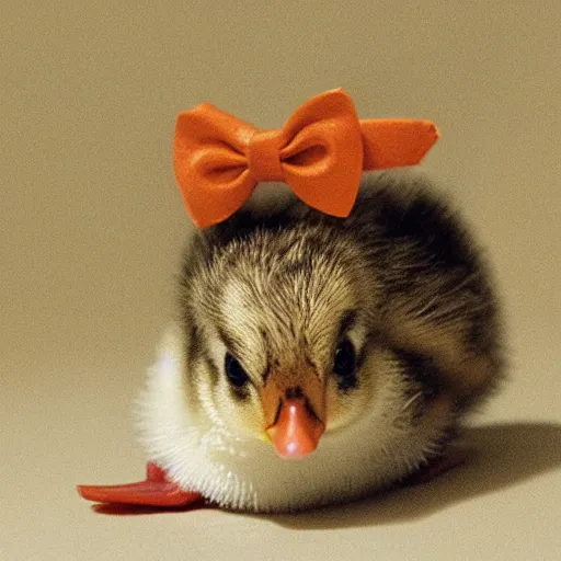 Prompt: a baby duckling wearing a bow on her head, holding a scalpel