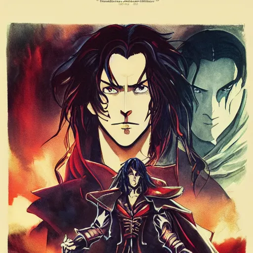 Image similar to vintage movie poster art for castlevania by trending pixiv fanbox, watercolor, style of makoto shinkai takashi takeuchi yoshiyuki and agnes cecile 4 k concept art