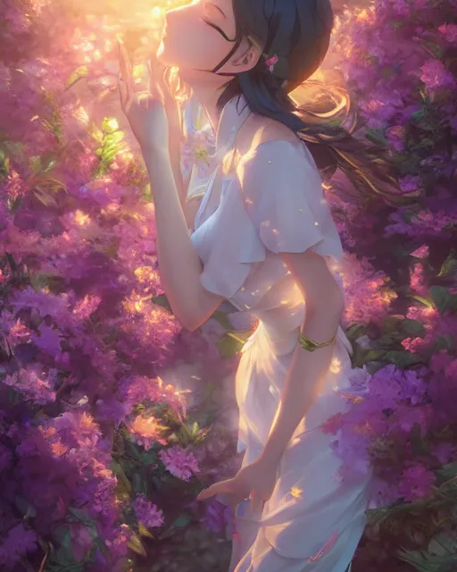 Image similar to goddess of flowers, full shot, perfectly shaded body, atmospheric lighting, detailed face, by makoto shinkai, stanley artgerm lau, wlop, rossdraws