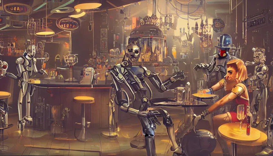 Prompt: scene from a movie about a robot bartender, chappie, c 3 p 0, dingy bar, cinematic, big budget movie, moody steamy atmosphere, robot rock band, people and robots drunk and dancing, happy times, by fantasy artist tiago da silva ( grafik )