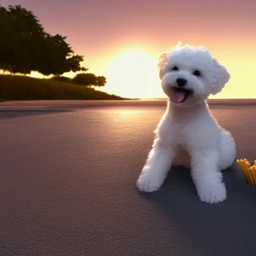 Prompt: a photorealistic photograph of a smiling white bichon puppy eating french fries in a baby stroller during sunset at the beach Trending on artstation, featured on Behance, well-rendered, Unreal Engine, 4K HD