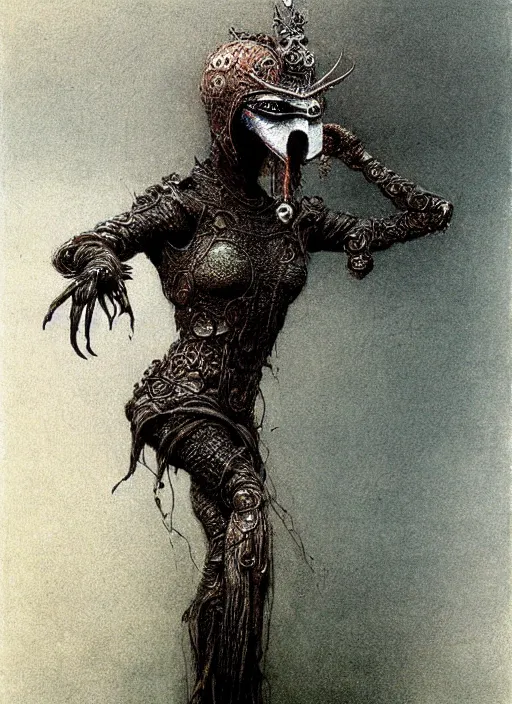 Prompt: full body girl in detailed ornamental mask of crow by Beksinski and Luis Royo