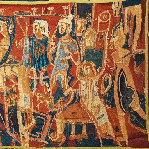 Prompt: ancient tapestry of an absolutely chaotic nightclub scene