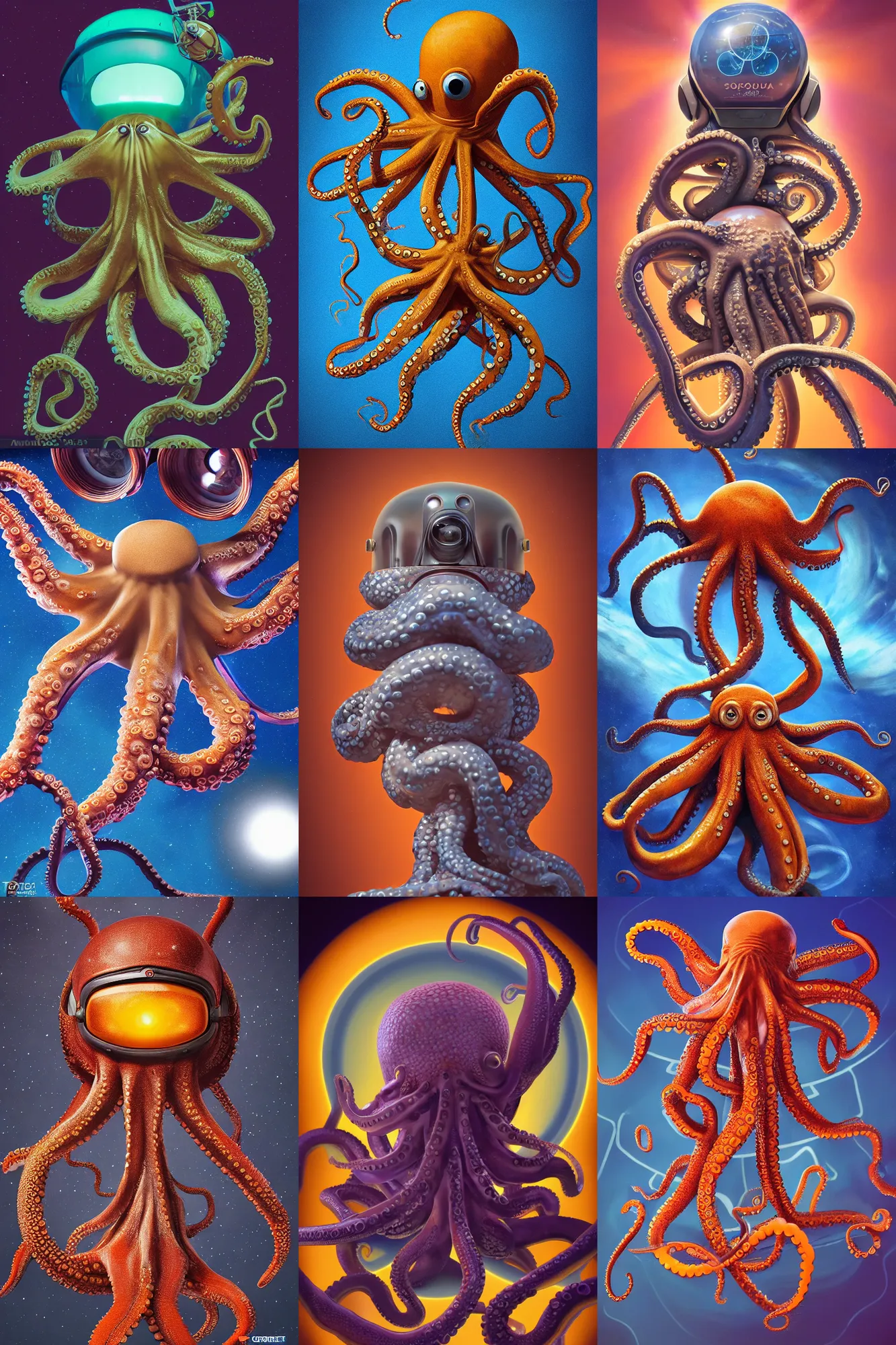 Prompt: Octopus wearing a spacesuit, centered, portrait by Greg Hildebrandt, studio lighting, by Terry Richardson, by Leonardo DaVinci, ultrarelistic, extreme derail, trending on Artstation, 8K, octane renderer