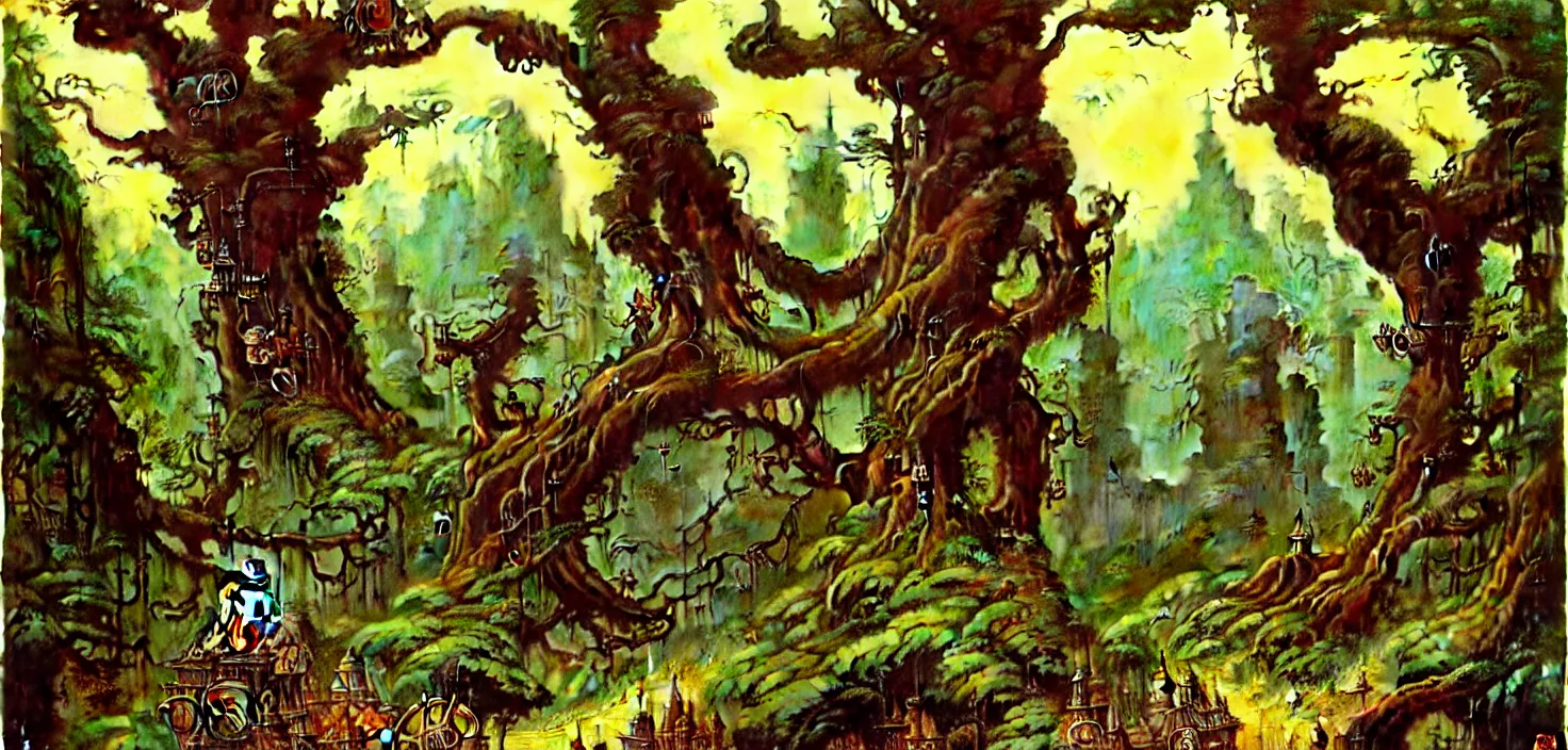 Image similar to exquisite imaginative fantasy landscape lush forests, gnarly trees, with steampunk castles movie poster by : : norman rockwell, sargent, james gurney weta studio, trending on artstation james jean frank frazetta