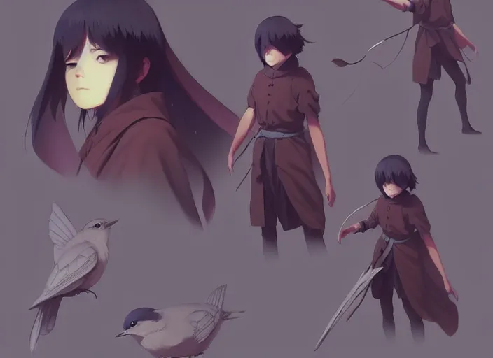 Image similar to character study of a nightingale bird, character sheet, manga, pinterest finely detailed perfect art, gapmoe yandere grimdark, trending on pixiv fanbox, painted by greg rutkowski makoto shinkai takashi takeuchi studio ghibli