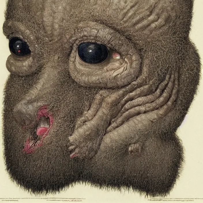 Image similar to close up portrait of a mutant monster creature with crystal eyes, small open pinky lips, fractal long eyelashes, cloth, needles. jan van eyck, walton ford