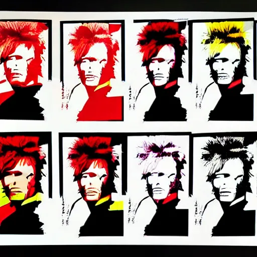 Image similar to individual furry manga david bowie silk screen portrait andy warhol style