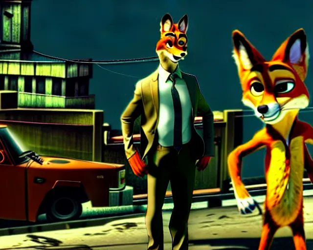 Image similar to nick wilde as max payne 3 set in gritty neo - noir zootopia, gun battle through the favela / furvela