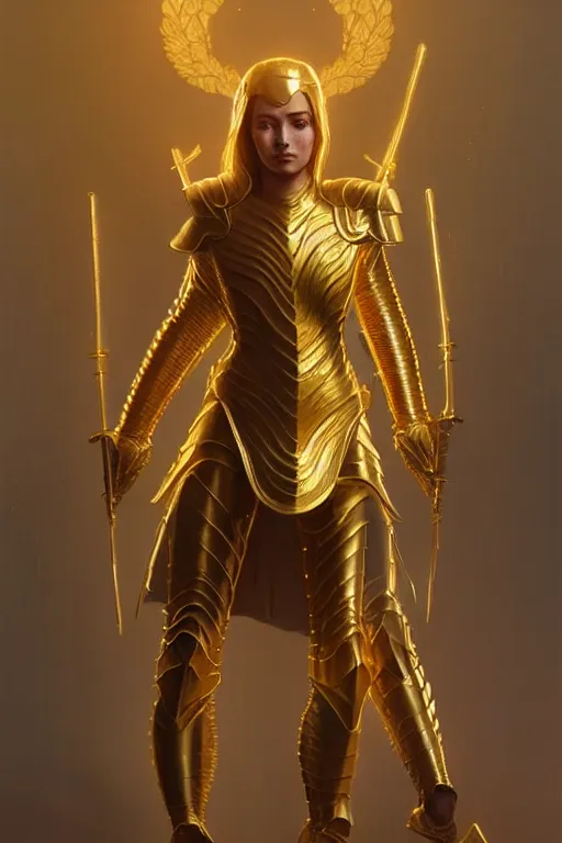 Image similar to professional digital art of a hyper realistic and highly detailed woman beautiful golden armor. accurate rending of one woman in armor. greg rutkowski, zabrocki, karlkka, jayison devadas, intricate, trending on artstation, 8 k, unreal engine 5, pincushion lens effect