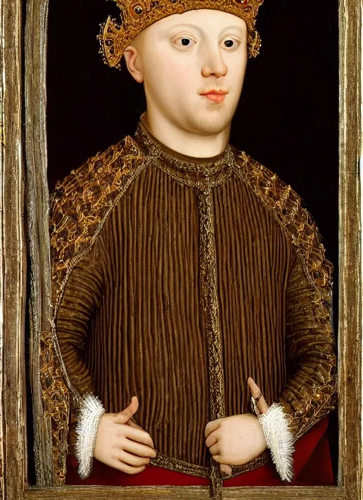 Prompt: portrait of a young man who is a king with a crown, medieval painting by Jan van Eyck, Florence