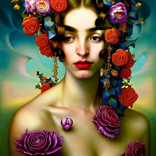 Image similar to dynamic composition, a painting of woman with hair of ( summer flowers )!! and vines wearing ornate earrings, ornate gilded details, a surrealist painting by tom bagshaw and jacek yerga and tamara de lempicka and jesse king, featured on cgsociety, pop surrealism, surrealist, dramatic lighting, wiccan, pre - raphaelite