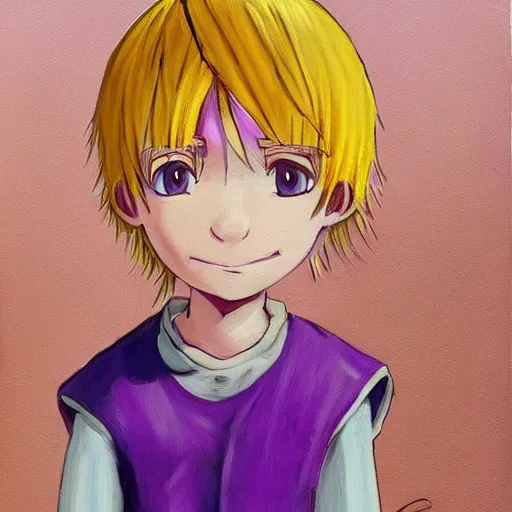 Image similar to little boy wearing an tunic, blonde hair. purple and yellow color palate, detailed soft painting, made in abyss art style, anatomically correct