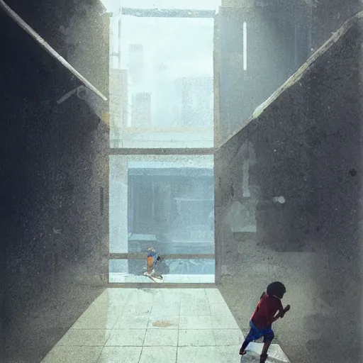 Image similar to a boy playing in a hdb void deck, by greg rutkowski