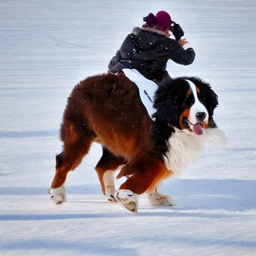 Image similar to girl riding giant Bernese Mountain Dog in the snow, trending on artstation